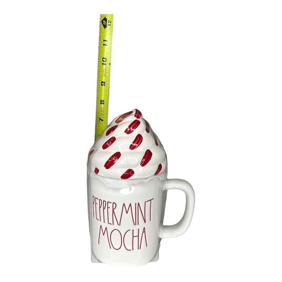 NEW Rae Dunn Ceramic Peppermint Mocha COFFEE MUG + TOPPER Cover Lid White & Red - Picture 3 of 5